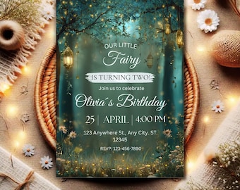Invitación de cumpleaños de hadas del bosque encantado / Plantilla de fiesta en el bosque mágico para niñas / Descarga digital editable de Canva.