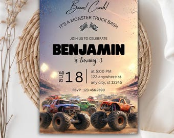 Monster Truck Birthday Invitation | Monster Truck Bash Party Invite for Boy | Racing Trucks Theme | Editable Canva Template