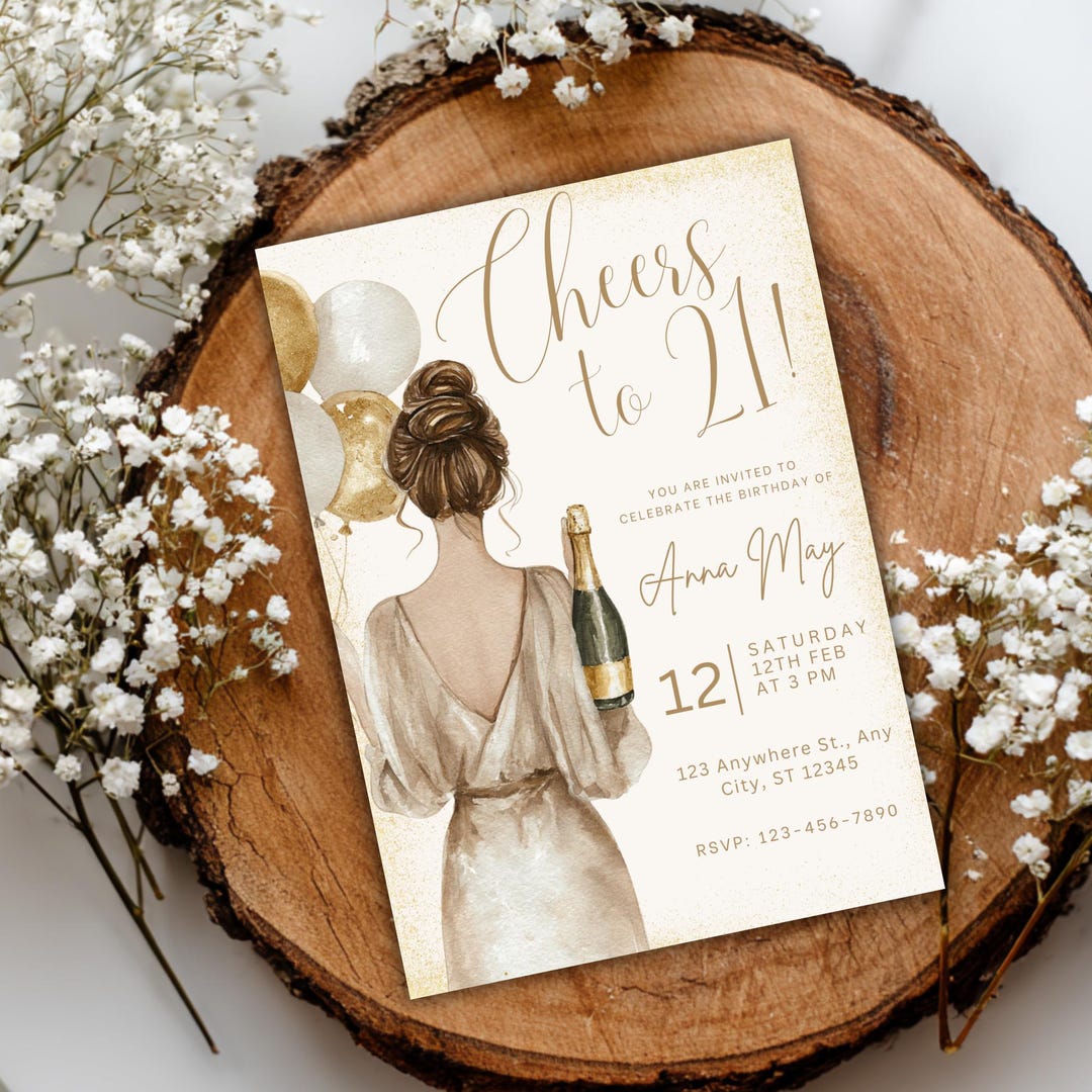 Elegant 21st Birthday Invitation Watercolor Girl With Champagne, Gold ...