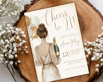 Elegant 21st Birthday Invitation Watercolor Girl with Champagne, Gold Balloons Party Invite, Editable Template, Modern Glam Birthday Invite.