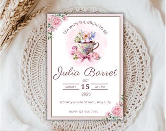 Bridal Shower Tea Party Invitation Template | Elegant Bride to Be Invite with Floral Teacup, Editable Canva Digital Download.