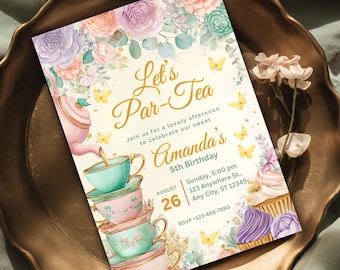 Par-Tea Birthday Invitation | Tea Party Birthday Invite for Girls | Floral Tea Party Invitation | Editable Canva Template