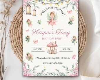 Plantilla de invitación de cumpleaños de hadas / Invitación a una fiesta en el jardín mágico con lindas hadas y diseño floral / Descarga editable de Canva.
