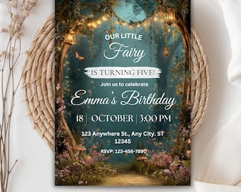 Invitación de cumpleaños mágica de bosque encantado / Invitación para fiesta en el bosque para niña / Plantilla editable de Canva / Invitación de cumpleaños de hadas imprimible.