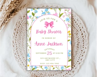 Lente bloemen babyshower uitnodiging, babyshower uitnodigen meisje, bewerkbare sjabloon met strik, digitale afdrukbare download canva.