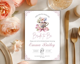 Bride to Be Tea Party Bridal Shower Invitation | Par-Tea Bridal Shower Invite | Editable Canva Template | Floral Tea Party Invitation