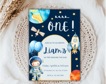 Space Birthday Invitation Boy, Astronaut Rocket Ship Template, Outer Space Galaxy Party, Editable Canva Invite, Digital Download.