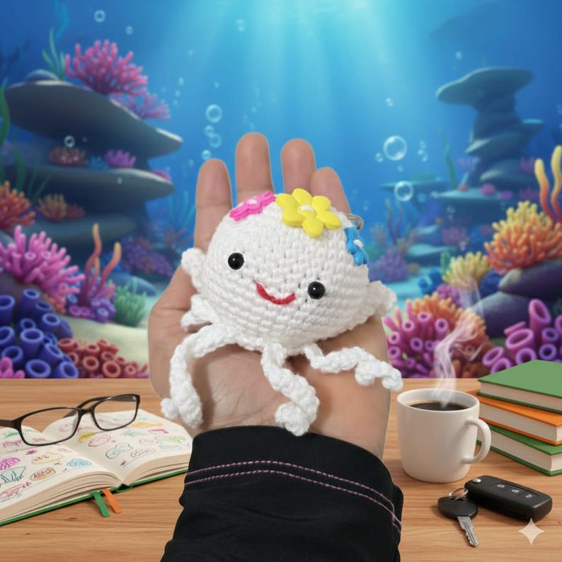 Puede incluir: Un llavero de medusa blanca de ganchillo con una cara sonriente y detalles de flores de colores. El peluche hecho a mano tiene tent&aacute;culos colgantes y se sostiene sobre un vibrante fondo submarino. Un accesorio lindo y caprichoso.