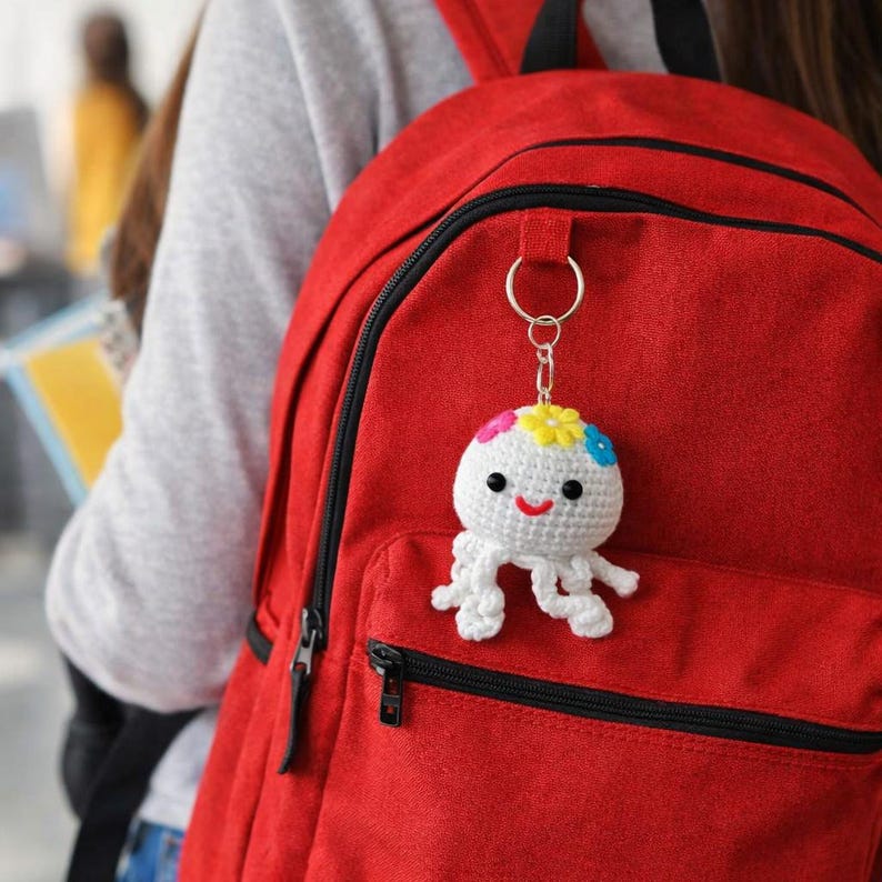 Puede incluir: Un llavero de pulpo de ganchillo blanco hecho a mano con una cara sonriente y detalles de flores de colores. El llavero est&aacute; sujeto a una mochila roja, un accesorio alegre y caprichoso.