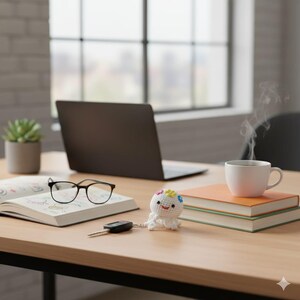 Puede incluir: Un escritorio de madera con un port&aacute;til, un cuaderno abierto, gafas, una llave de coche y un pulpo de ganchillo. Una taza de caf&eacute; est&aacute; sobre libros. Una peque&ntilde;a planta suculenta est&aacute; en una maceta.