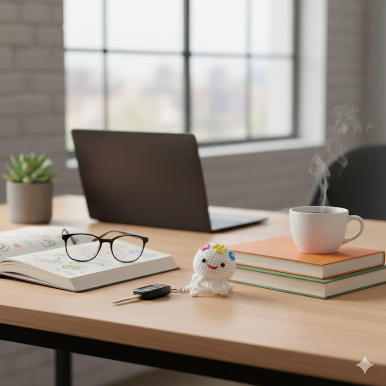 Puede incluir: Un escritorio de madera con un port&aacute;til, un cuaderno abierto, gafas, una llave de coche y un pulpo de ganchillo. Una taza de caf&eacute; est&aacute; sobre libros. Una peque&ntilde;a planta suculenta est&aacute; en una maceta.