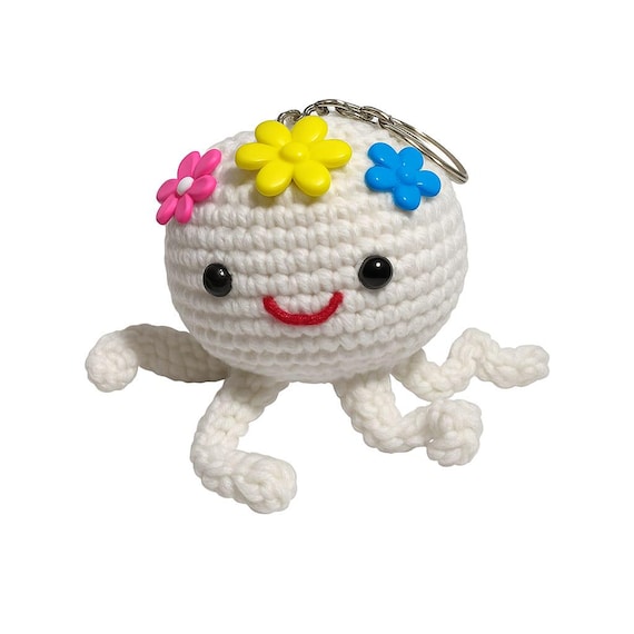 Handmade White Crochet Octopus Keychain with Colorful Flowers – 5” Long  Amigurumi Bag Charm