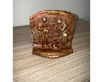 Vintage jaren 1930 gietijzeren boekensteunen nautisch visserstafereel patina