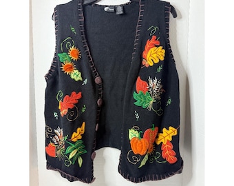 Holiday Editions Womens Black Embroidered Pumpkin Leaf Sweater Vest XL