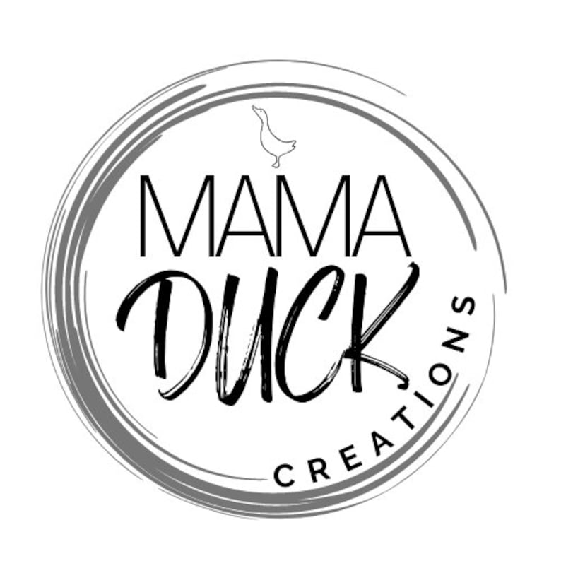 May include: A black and white logo with a stylised duck and the text "Mama Duck Creations".