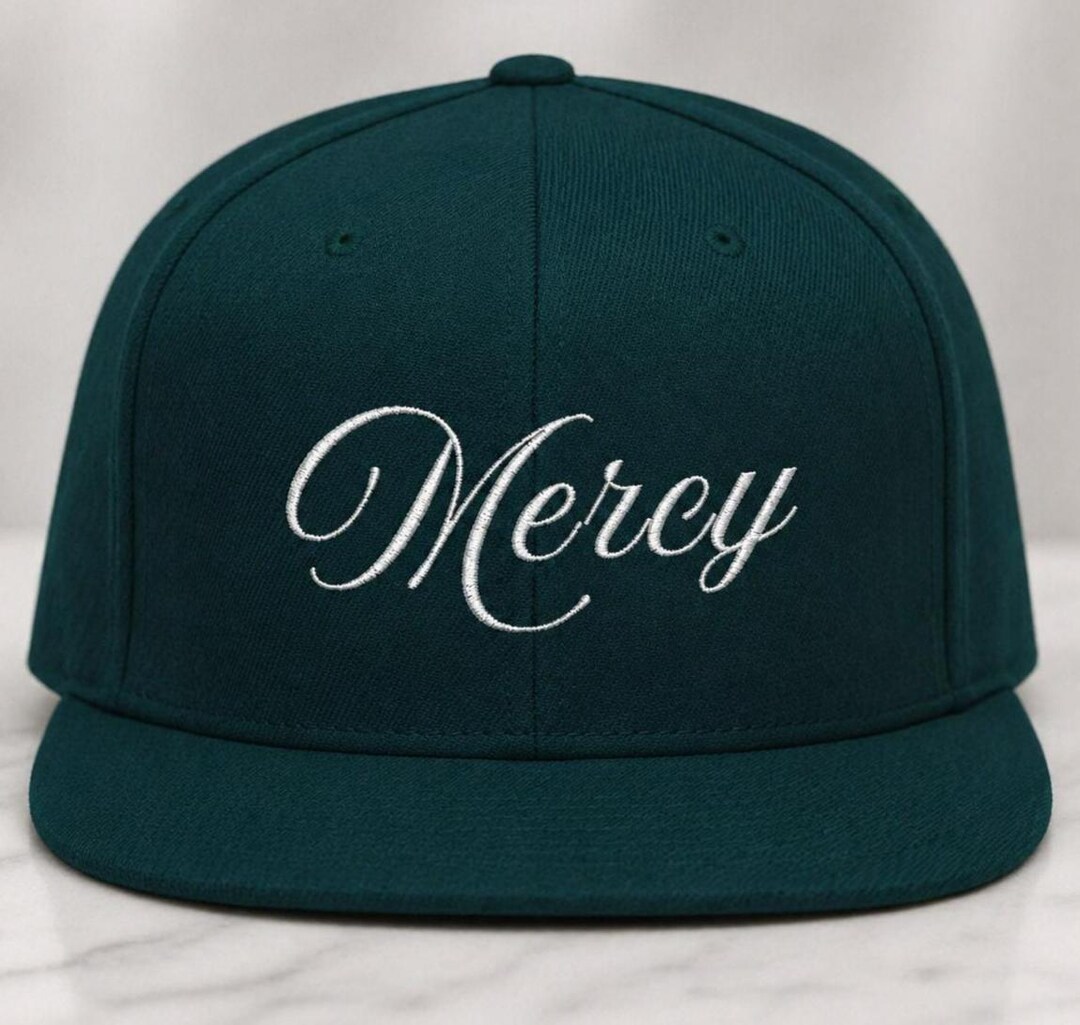 Mercy In Script Mercy Hat White Embroidered Script Hat, Faith Based Streetwear, Flat ...