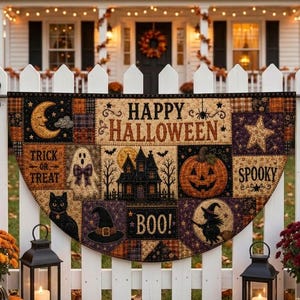 May include: A semi-circular fabric wall hanging featuring a patchwork design with Halloween motifs including a crescent moon, a ghost, a black cat, a haunted house, a jack-o'-lantern, and a witch, with the text Happy Halloween, Trick or Treat, Spooky, and Boo.