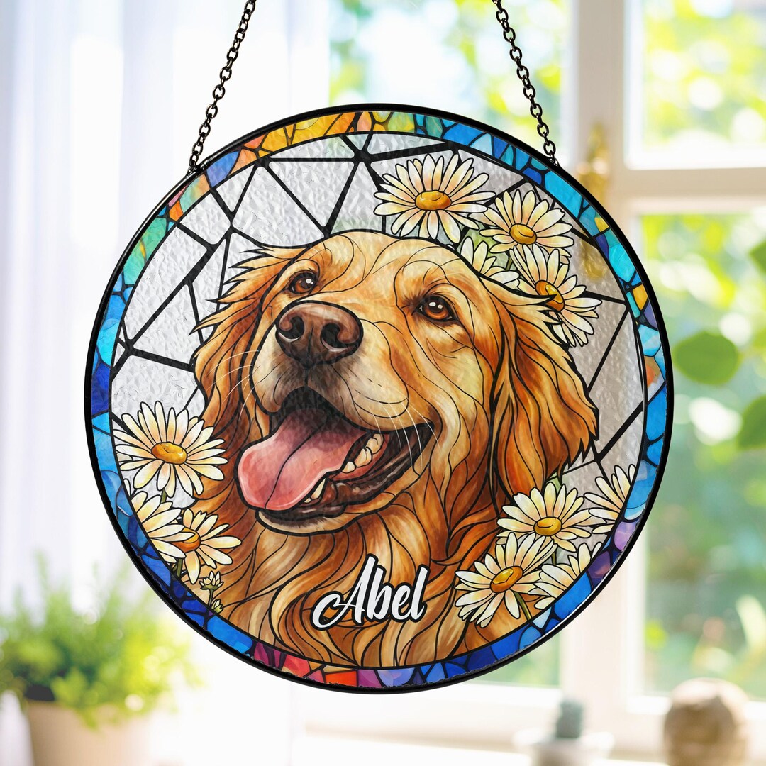 Custom Dog Portrait Stained Glass Suncatcher, Pet Memorial Gift, Cat ...