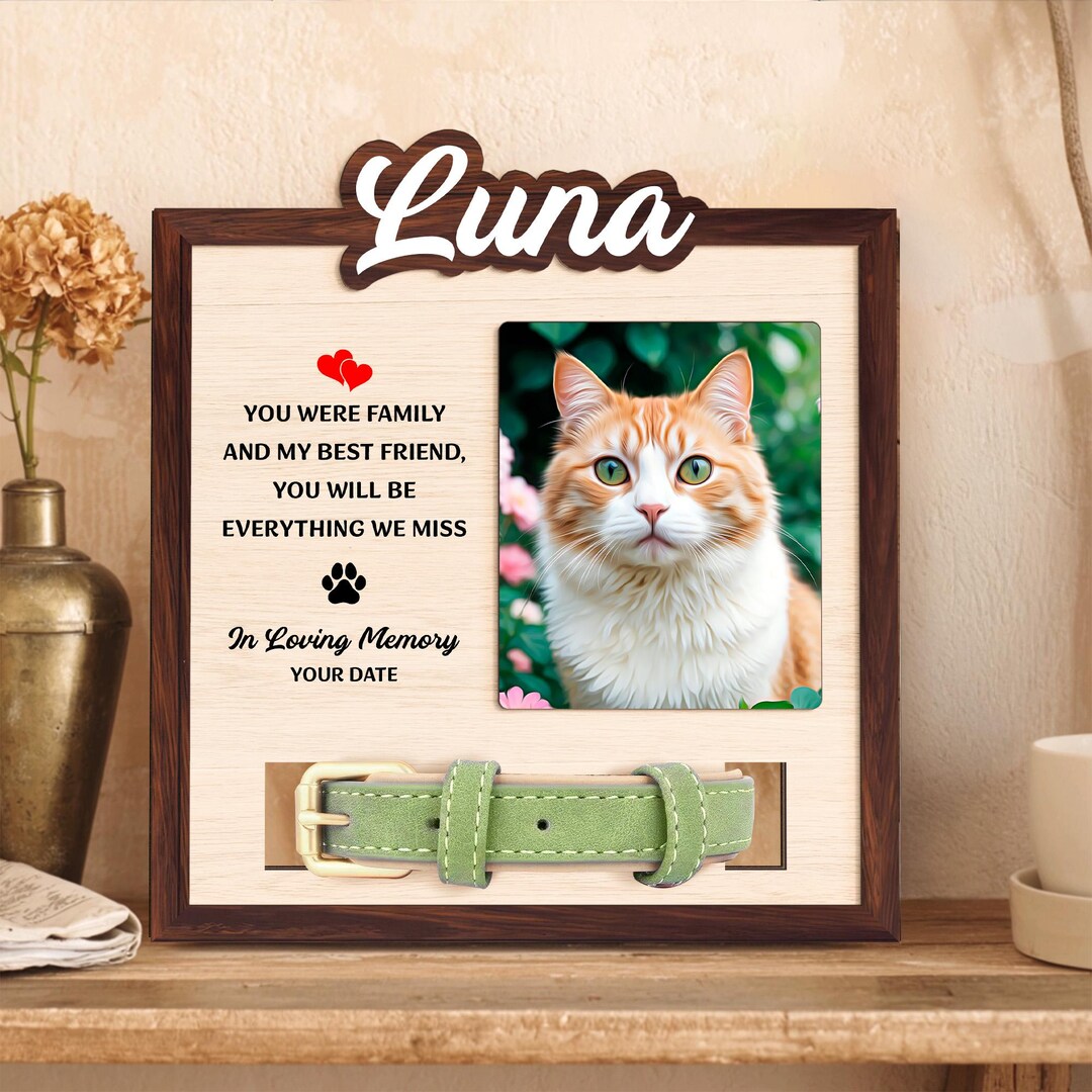 Personalized Cat Memorial Wood Frame With Collar Holder, Custom Pet ...