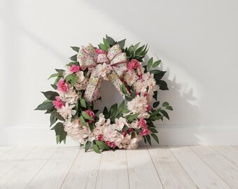 Corona de flores de cerezo rosas con lazo, decoración de puerta para primavera y verano.