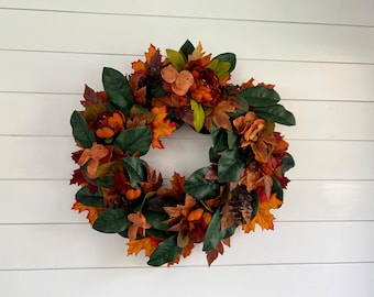 Fall Magnolia & Peony Wreath: Autumn Thanksgiving Door Decor