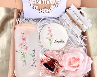 Unique Birthday Gift Box, Gift Box Set With Birth Month Flower Coffee Cup, Friendship Gift Box, Holiday Basket for Her