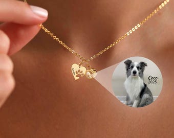 Collana con nome e proiezione a forma di zampa e cuore, collana con foto di cane e gatto, collana con proiezione di foto di animali domestici, regalo commemorativo per animali domestici