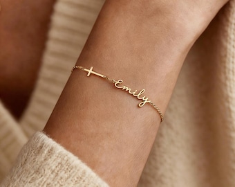 Pulsera con cruz personalizada con nombre y piedra de nacimiento, delicada pulsera con cruz dorada, regalo de confirmación, regalo de bautismo, regalo del Día de la Madre