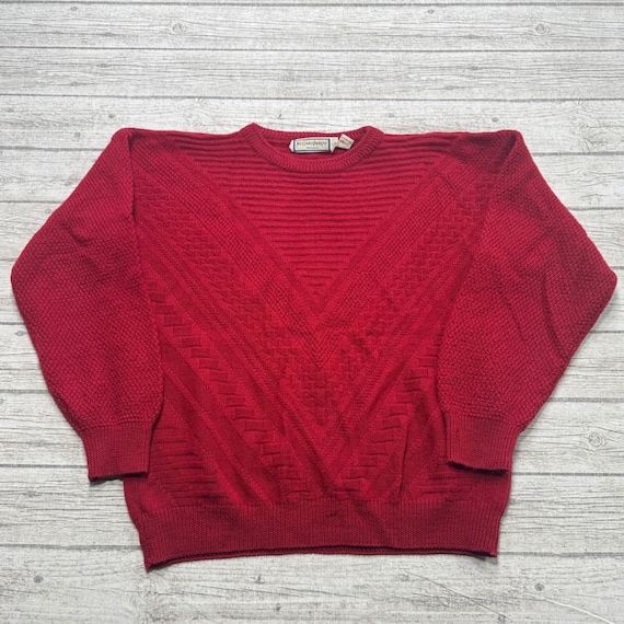 Saint Laurent, Vintage Yves Saint Laurent Sweater Men's Large Red Wool Knit Chevron Pullover