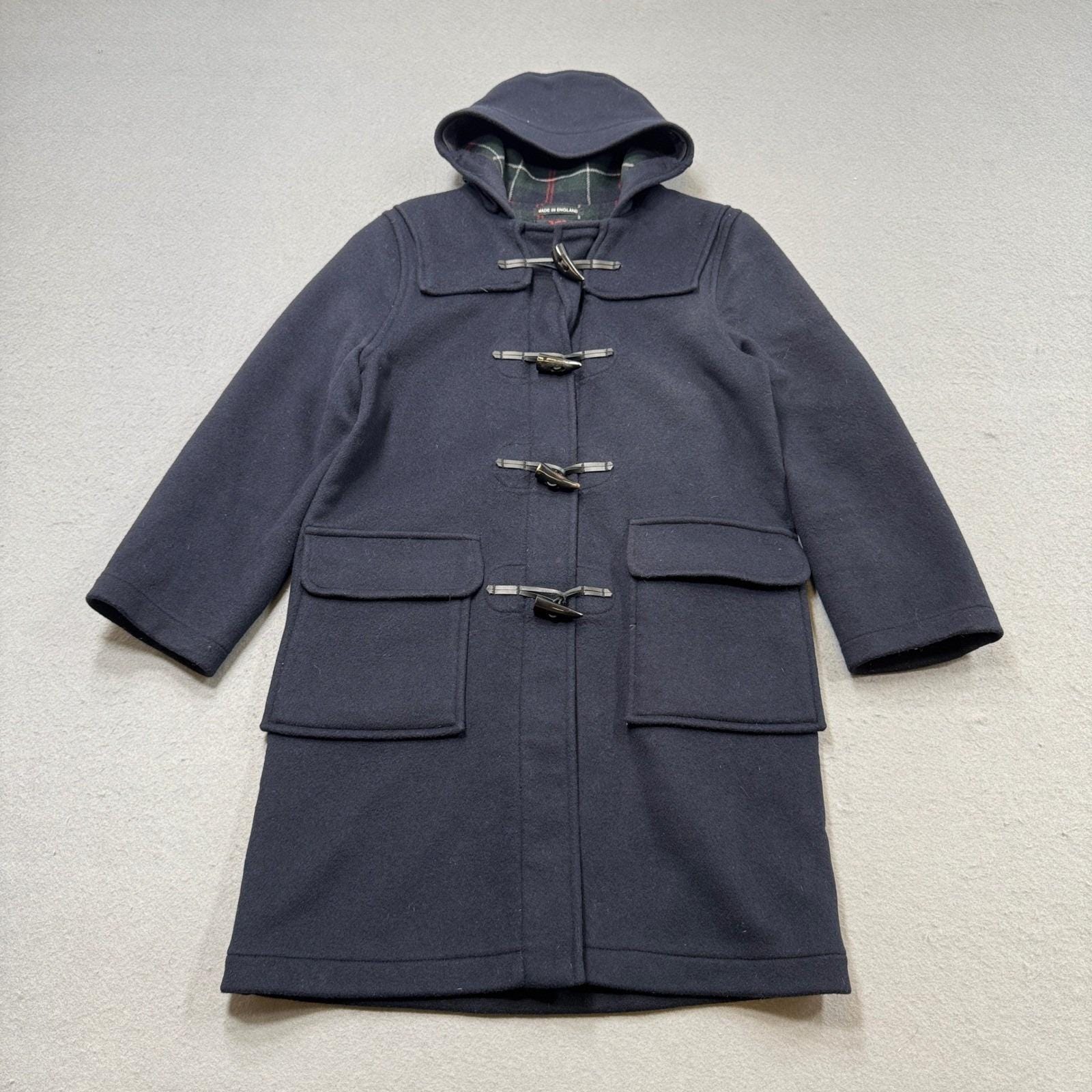 Gloverall Duffle Coat Mens S Navy Blue Wool Plaid Lined Toggle