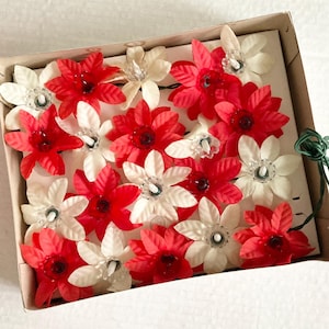 Vintage Poinsettia Christmas String Lights Red White 20 Light Set Electric Decorations MCM Flowers