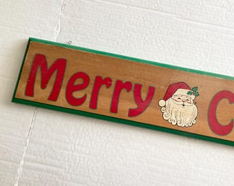 Vintage Wooden Merry Christmas Sign Handmade 30" Santa 90s Holiday Wall Hanging Plaque Decoration