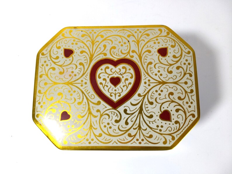 Vintage Heart Tin Hexagonal Metal Metalware Lidded Covered Gift Box Gift For Her Gold Red Love