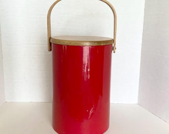 Vintage Georges Briard Red Ice Bucket With Wooden Lid And Handle Bar Cart Decor