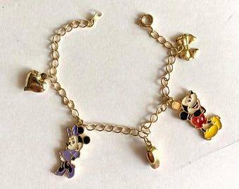 Vintage Disney Charm Bracelet Mickey And Minnie Mouse Gold Tone Enamel Shoe Bow Heart