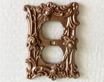 Vintage Amertac Electrical Outlet Cover Rose Gold / Copper Colored Metal Ornate Floral Design Decor