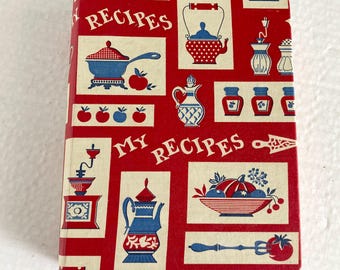Vintage My Recipes Recipe 3 Ring Binder And Handwritten Recipe Cards Red MCM Retro