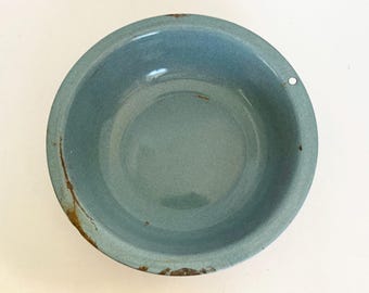 Vintage Blue Gray Enamelware Wash Basin Tub Farmhouse Decor Rustic Bowl Pan Old Cottage Core