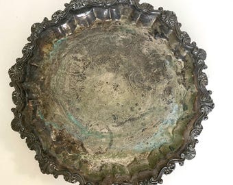 Vintage Large Footed Round Silverplate Tray 17" Serving Ornate Pattern Inscribed Fancy Commemorative Cecilia