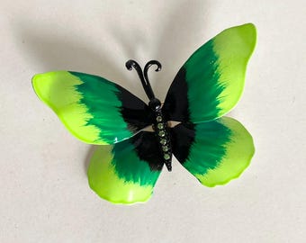Vintage Enamel Butterfly Brooch Pin Green Rhinestone Large Whimsical Butterflies Jewelry Colorful