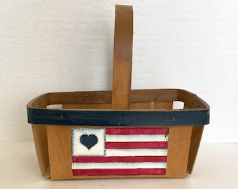 Vintage Hand Painted Berry Basket 4th of July Patriotic Americana Flag Decor Split Wood