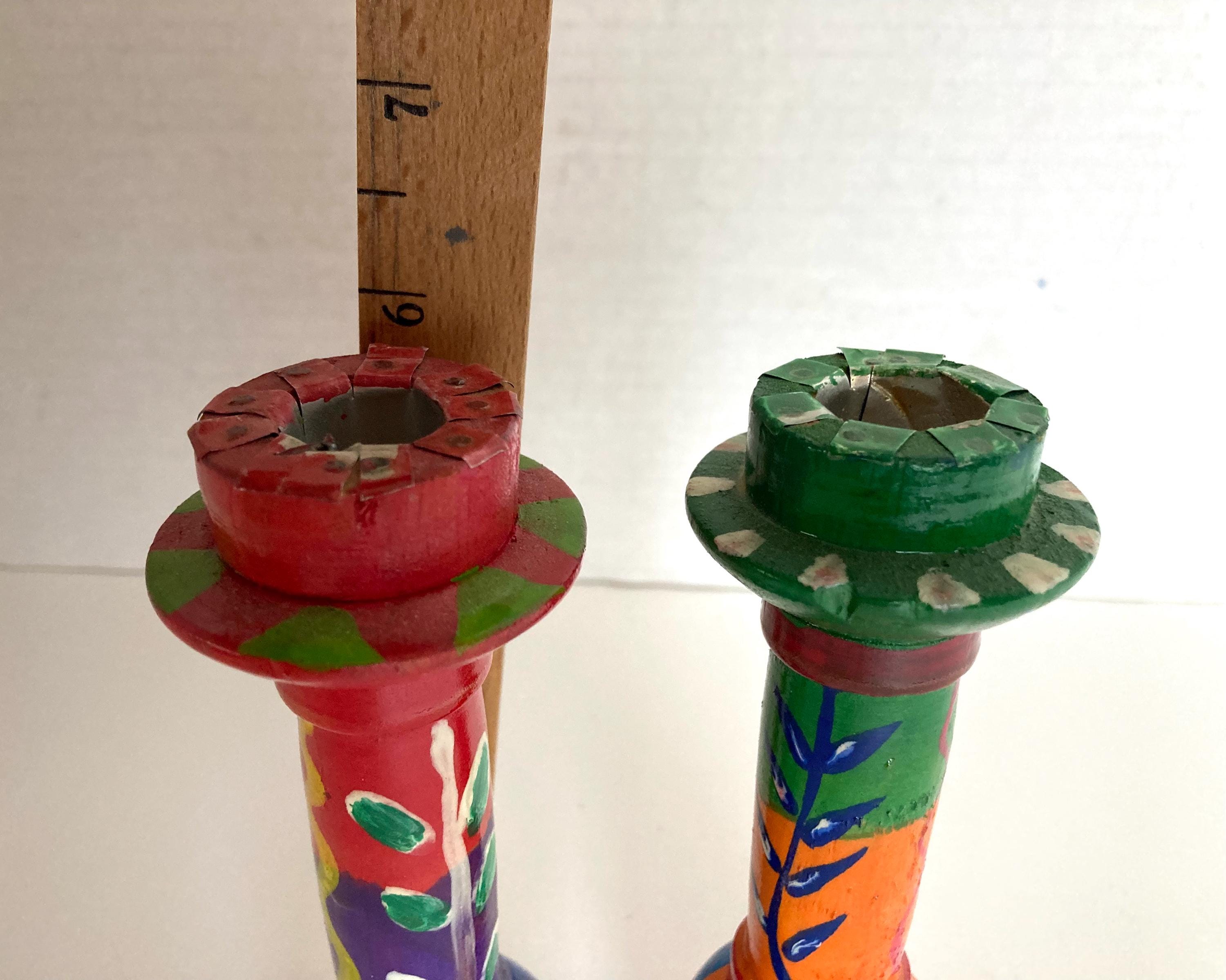 Vintage Hand Painted Wooden Candlestick Holders Colorful Wood Pair Set ...