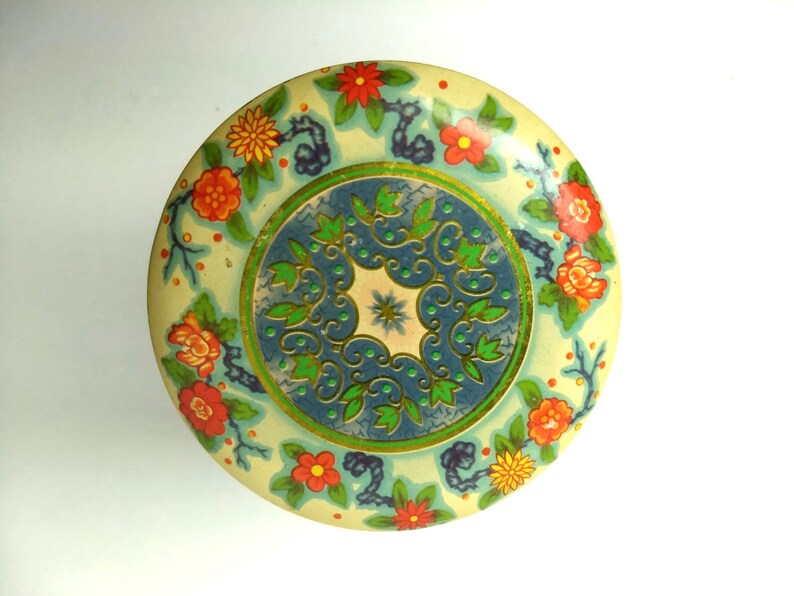 Vintage Floral Bird Tin Metal Metalware Made In England Gift Box Gift For Her Blue Green Red Gold
