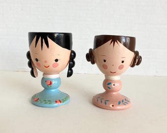 Vintage Wooden Egg Cups Set 2 Figural Character Wood Hand Painted Girls Kitsch Whimsical