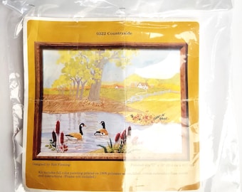 May include: A packaged craft kit featuring a countryside scene with a pond, geese, and a distant house. The artwork is framed within a brown border. The text "0322 Countryside" is visible. Finished size is 12" x 10".