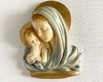 Vintage Virgin Mary And Jesus Chalkware Plaque Madonna Child Wall Hanging Religious Decor Baby
