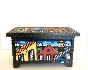Vintage Hand Painted Carved Wooden Box Brazil Signed Neco Olinda Hinged Lidded Wood Folk