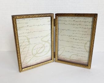 Vintage Double Gold Metal Frame Photo Hinged Folding Bi Fold Articulating Ornate Embossed