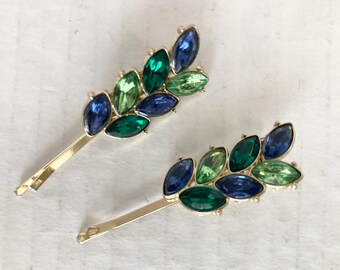 Vintage Rhinestone Gold Tone Bobby Pins Set Blue Green Hair Accessories Jewelry Leaf Design