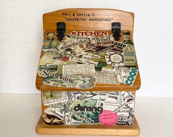 Vintage Decoupaged Wooden Recipe Box Wood Collage Customized Kitchen Storage Hinged
